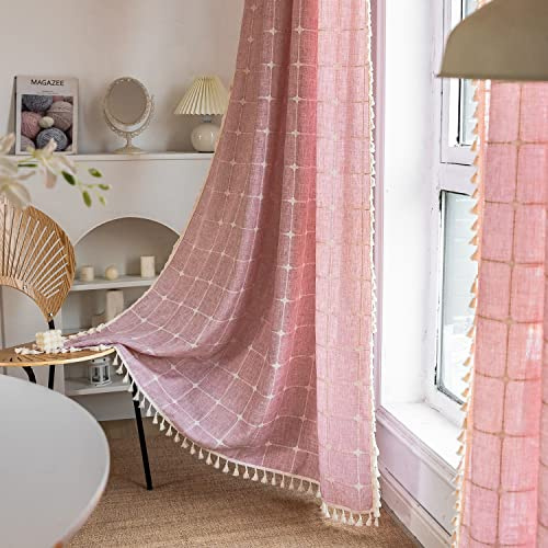 SASIGAYA Gardinen Boho Durchscheinend Verdunkelung 140×180 Vorhänge Vintage Kariert Quasten Vorhang Bestickte Baumwolle Leine Rosa Gardinen Landhausstil für Modern Schlafzimmer Wohnzimmer 2 Stück