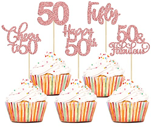Cupcake-Topper zum 50. Geburtstag, Roségold, Glitzer, Fifty Cheers to 50 Years Old Birthday Cupcake-Picker für 50. Geburtstag, Jahrestag, Party, Kuchendekorationen, 30 Stück
