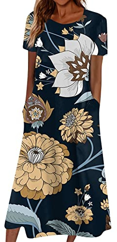 Azruma Damen Kleid Elegant RüCkenfreies Kleid BH Hawaii Outfit Damen Frauen Boho Drucken Rundhals Kurzarm Swing Lange Tunikakleid Mit Taschen Kleider FüR HochzeitsgäSte Knielang (3-Khaki, L)
