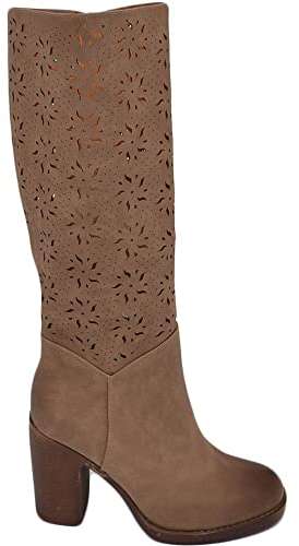 Malu Shoes Stivali donna estivo alto punta tonda beige tortora gambale morbido forato al ginocchio tacco largo 6 cm comodo (38 EU)