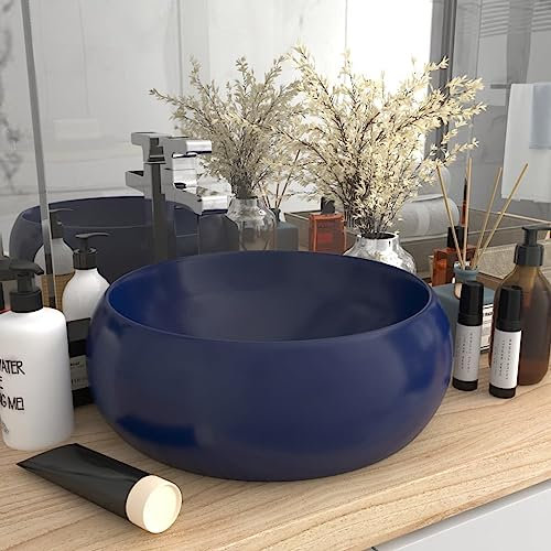 HIGSOSE Lavandino Lusso Rotondo 40x15 cm Lavabo da Appoggio Lavandino da Appoggio Lavabo Appoggio Lavatoio Ceramica Arredo Bagno Lavabo da Esterno in Ceramica Blu Scuro Opaco Lavatoio da Esterno