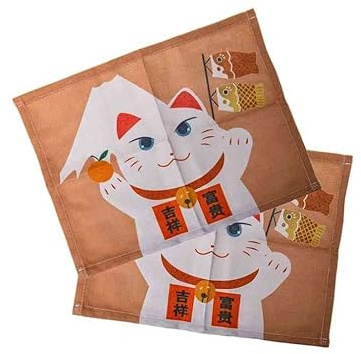 lachineuse - 2 Tischsets Maneki Neko & Mount Fuji - Tischset aus japanischem Stoff - 40 x 30 cm - Geschenkidee für die japanische Küche - Süße japanische Katze - Asiatisches Dekoobjekt - Farbe Beige