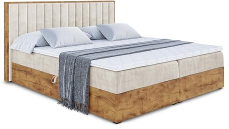 ALTDECOR Boxspringbett mit H3-Matratze (20 cm hoch) mit Bonellfederung + PUR, Topper (4 cm hoch), Polsterbett mit Kopfteil und Bettkasten mit Eiche Holz - LOLLI4-180x200 Beige Samt