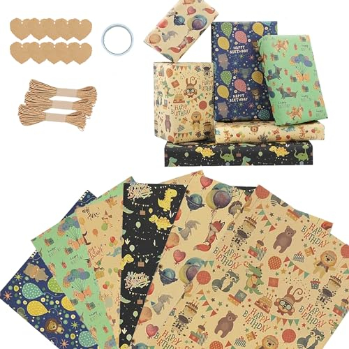 Dantolo Papier Cadeau Kraft, 6 Feuilles 50 * 70 CM Emballage Cadeau Papier Brun, Papier Anniversaire d'Emballage avec Corde D'emballage + Ruban Adhésif Double Face