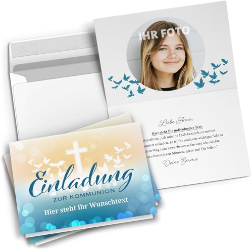 10 personalisierte Kommunion Einladungskarten mit eigenem Text und Foto - Zauberhafter Verlauf Gelb Blau - Einladungen zur Kommunion mit Umschlägen