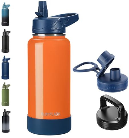 RUBYFLASK Borraccia termica con cannuccia, in acciaio inox, da 907,2 g, grande, con 3 coperchi a tenuta stagna, per viaggi, campeggio, palestra, sport, arancione