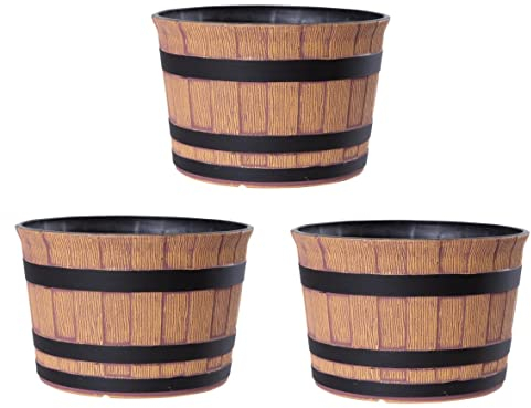 Jinfa 3er-Set Miniteich Pflanzkübel aus Kunststoff in Weinfassoptik bottich Blumenkübel | Farbe: Walnuss | Design: Barrique | Ø 36 cm