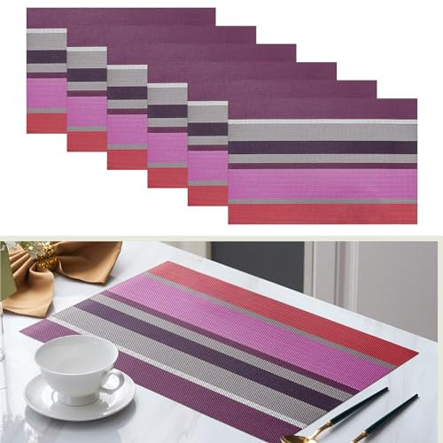 Elistonie Tischsets Abwaschbare 6er-Set gestreifte Vinyl-Essmatte Platzset abwischbare Tischsets für Küche Abgrifffeste Hitzebeständig rutschfest Platzdeckchen für Speisetisch (Violett Lila)
