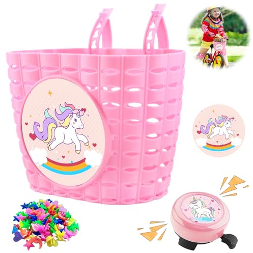 KOIROI Fahrradkorb Kinder, Vorne Geflochten, Abnehmbar, Robust, mit Fahrradklingel-Aufkleber, für 12-20 Zoll Kinderfahrräder, Roller, PE-Material, Lenkermontage, Pink