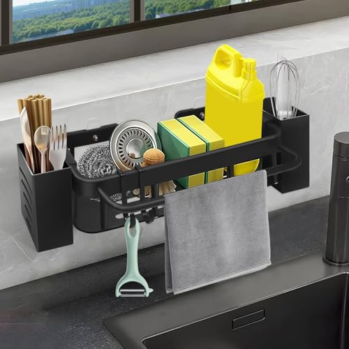 Yicaam Rostfreier Stahl Küchenspüle Organizer Hängend, Ohne Bohren Spülbecken Schwammhalter mit 2 Stäbchenhaltern und 2 Haken, Spülbeckenablage und Handtuchhalter