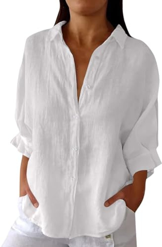 Bluse leinen Tunika Damen Sommer Baumwolle musselin Einfarbig Baumwoll Revers 3/4 Ärmel Oberteile elegant hawaiihemd(Weiß, L)