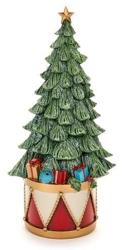 NUVOLE DI STOFFA Statuina Natalizia in Resina, Albero di Natale con Tamburo, Vintage Bear Wonderland 15x11.5xH31 cm