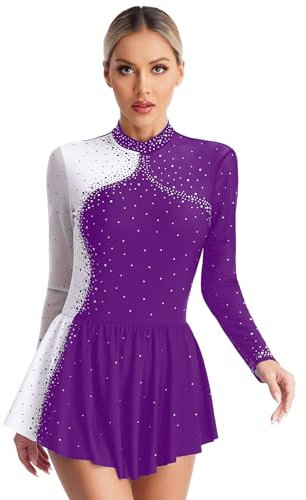 HULIJA Damen Eiskunstlauf Kleid Langarm Ballettkleid mit Strass Tanzbody mit Mit Asymetrisch Ballettrock Ballerina Bühnenauftritt Ballettkleidung Lila S