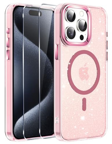 Viojrlra Glitzer Magnetische Hülle für iPhone 15 pro max mit 2 Stück Schutzfolie kompatibel mit MagSafe, Sparkle Soft TPU Bumper PC Schale Handyhülle, Stoßfest Schutzhülle für iPhone 15 pro max, Rosa