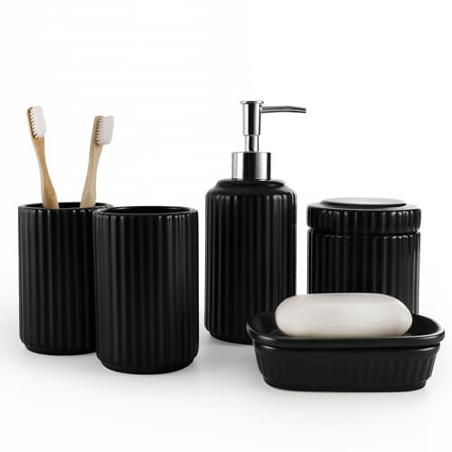 NOVAJOY Badezimmer Set Keramik – 5 Teile, Badezimmer Organizer mit Seifenspender, Seifenschale, Zahnbürstenhalter, Wattestäbchen Kanister, Hochwertiges Badezimmer Deko Set (Schwarz)