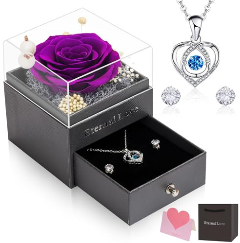 CSYY Rosa Eterna, Natale Confezione Regalo Fiori Stabilizzata Regalo con Collana Cuore e Orecchini a Perno per San Valentino Festa Della Mamma Anniversario Compleanno per Mamma Sorella Moglie
