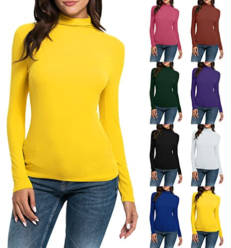 Generic Maglietta a Maniche Lunghe da Donna, Y2K, Basic, Elegante, Tinta Unita, Slim Fit, Collo Alto, Lilla, XL
