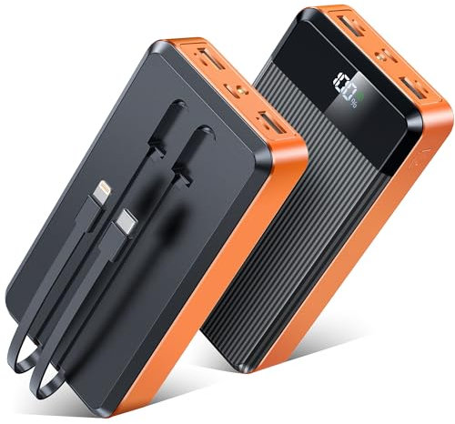 Power Bank 40000mAh con 2 cavo integrato: PD 22.5 W Batteria Esterna a ricarica rapida con grande capacità, caricabatterie portatile e 5 porte, con indicatore LED e torcia