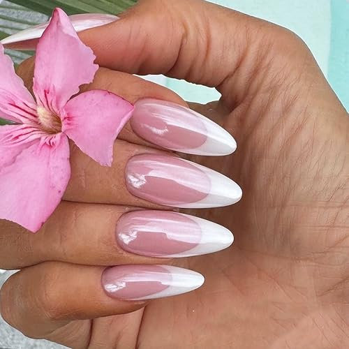 30 Stück Weiß Rosa French Tipp Press on Nails Lang Spitze Mandel Gefälschte Nägel Chrom False Nails Glänzend Vollabdeckung Falsche Nägel, Acryl Künstliche Fingernägel für Frauen Maniküre DIY (Rosa)