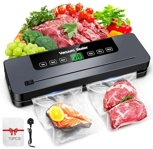 Vacuum Sealer Machine, 6-in-1 Food Vacuum Sealer Machine with 65 KPA Powerful Suction for Dry and Moist Food Preservation, Food Vacuum Sealer Machine with 10 Vacuum Sealer Bags and Built-in Cutter