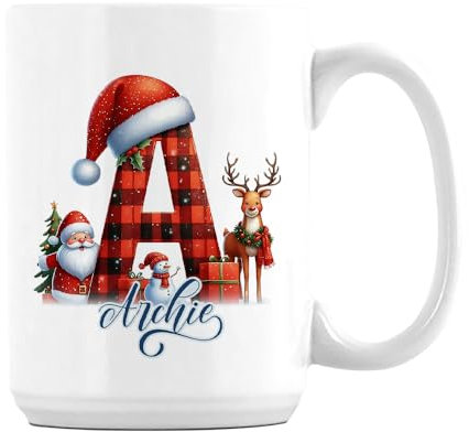 Getagift Personalised Christmas Alphabet Letter, Initial with Name, Xmas, Secret Santa Alphabet, 15oz Coffee Mug. (White)