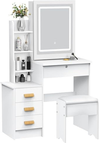 Haibinsuo Scrivania con specchio scorrevole e luci, tavolo da toilette imbottito, 5 cassetti e set da toilette, 3 modalità illuminazione, luminosità regolabile, per camera da