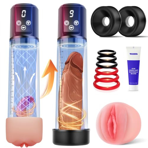Electric Penis Pump Vacuum Traction Cock Pump Enlargement Male Masturbator | 9 Suction Levels & 9 Gradual Pressure Training Modes Penis Dick Enlarger Pussy Pump Sex Toyscouples for Man, 6 Cock Rings