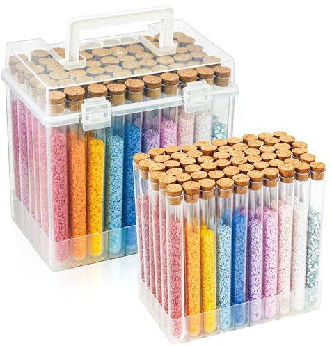 YONOVO 60 Diamond Painting Storage Containers Organizer, 6'' Bead Storage Tubes with Caps, Plastic Test Tube Holder with Cork Stopper Label&Stickers,Carrying Case Box for Dots Drill Rhinestone Glitter