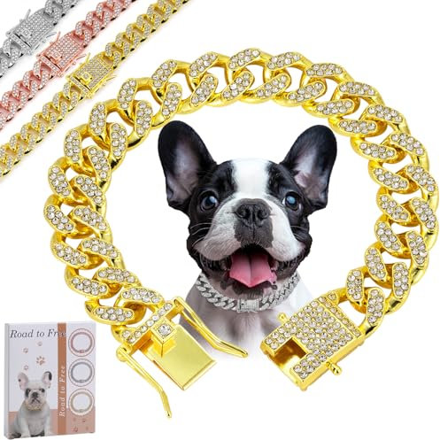 Gold Dog Chain Diamond Collar Walking Metal Chain Collar with Secure Buckle, Pet Cuban Style Collar Jewelry Accessories for Small Medium Large Dogs Cats, Available in Multiple Pet Gift (Gold, 14inch)