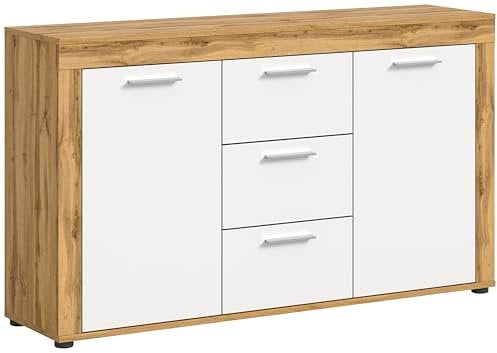 xonox.home Wohnzimmer Jam Sideboard Schrank Lowboard Wohnzimmerschrank Anrichte Stauraumschrank in Front weiß Melamin, Korpus Wotan Eiche Nb., ca.125x80x35 cm