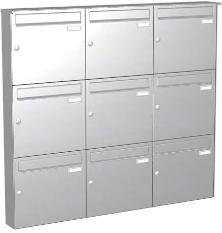 KNOBLOCH Briefkastenanlage | Aufputz | 9-Fach | Edelstahl | senkrecht | optional 2. Namensschild & 3 Schlüssel