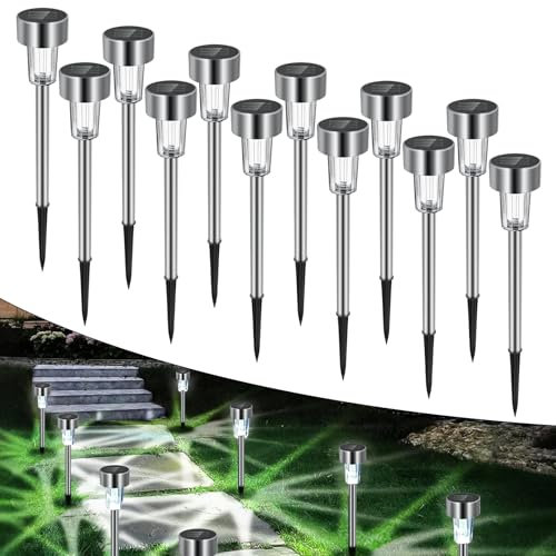 Caldarax 12 Stück Solarleuchten für Außen Garten, LED Solarlampen für Garten, Wasserdicht Solarlampe Gartenleuchten für Außen Terrasse, Rasen, Balkon, Hofwege, Rasen, Auffahrt, Weg(KalteWeiß)