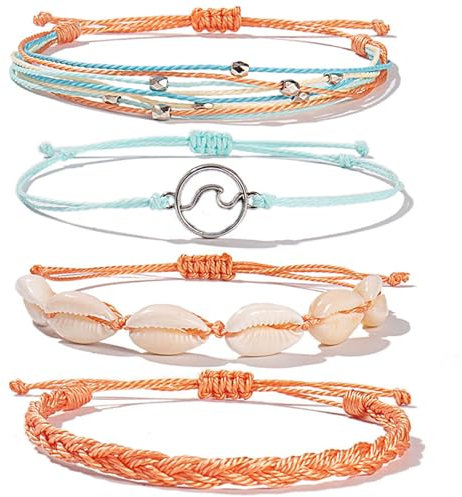BelleVive Set of 4 Wave Bracelets with Braided Puka Shell Beads, Boho Surfer Bracelet with Adjustable Cord, Handmade Charming Trendy Boho Jewellery, Gifts for Women