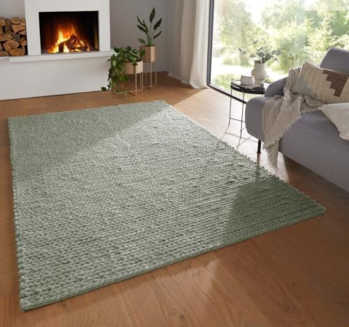 Taracarpet moderner Boho skandi Landhaus Handweb Teppich gewalkt im Zopf Sumakh Design für Wohnzimmer Schlafzimmer und Esszimmer grün 160x230 cm