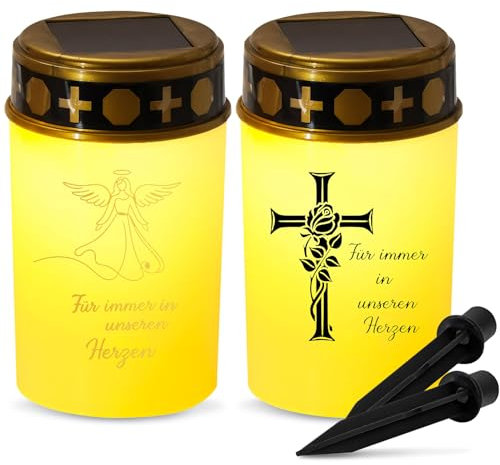 2er Pack Grablaterne Solar, Led Grablicht Mit Dämmerungssensor Und Erdspieß, IP44 Grablicht Solar Wetterfest, Led Grablichter Für Draußen, Grableuchte Für Den Außenbereich, Friedhofskerze (Weiß-B)