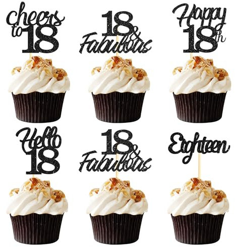 Sotpot 30 Pack 18th Birthday Cupcake Toppers Hello 18 Cheers to 18 Years Cupcake Picks for 18th Birthday Anniversary Party Cake Decorations Black Glitter