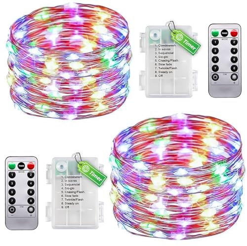 taiyongkang Pack de 2 luces de alambre para interior con temporizador y mando a distancia, 11 m, 100 ledes, multicolor, para dormitorio, Navidad, boda, también utilizable al aire libre