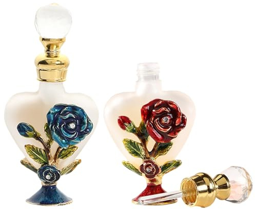 Joyeee Glass Perfume Bottles, 2 Pack 10ml Small Vintage Decorative Perfume Decanter, Blue Rose and Red Rose Heart Shaped Glass Essential Oil Container for Travel and Business Trip