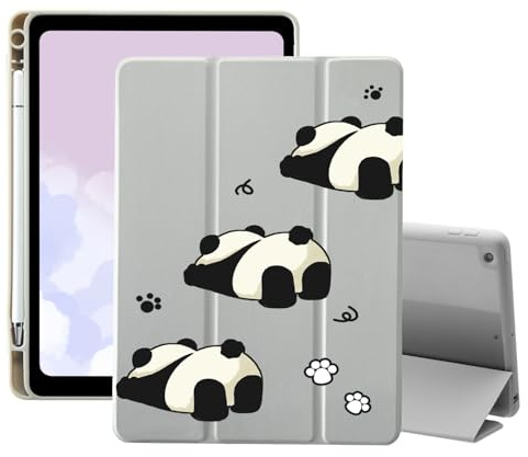 AdorableWhimsy Cute Panda Custodia per iPad Air 11 M4/M3/M2 (2026/2025/2024)/iPad Air 5/Air 4 11 con portamatite Trifold Stand in pelle grigia Girly Cover posteriore trasparente Shell Auto Wake