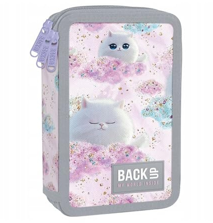 Goldkids - Federmäppchen 3 Fächer - Mäppchen für Mädchen - Federmappe 3-Fach Federtasche Gefüllte Schüleretui Schulmäppchen und Hausaufgabenheft - flauschigem Kätzchen