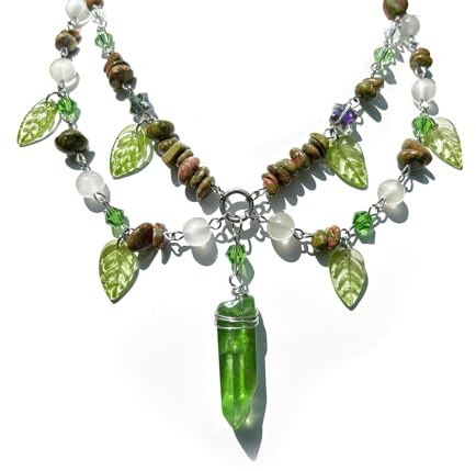 JHJEWH Woodland Ren Faire Halskette, Feenblatt-Halskette | Halskette mit grünen Perlen und Kristallen, Waldblatt, mehrlagiger Charm, Choker für Prinzessin, Renaissance-Accessoires