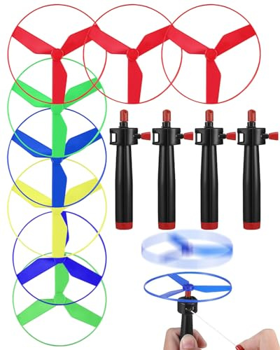 HUVZOR Juego de 3 piezas Platillos Voladores Juguete De Disco Helicóptero De Juguete Volantes De Discoteca Incluye 3 Lanzadores Cuerda Y 6 Platillos Voladores para Regalos De Cumpleaños para