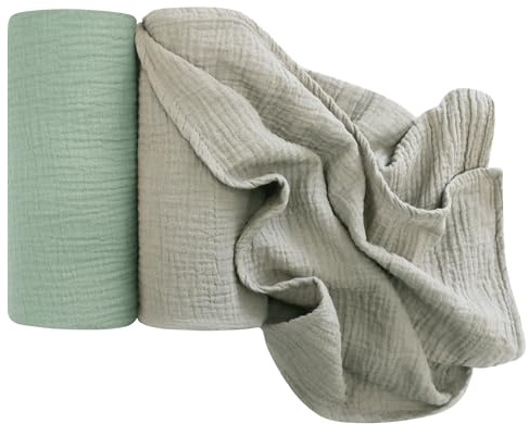 Baby Pucktuch Musselin-Wickeldecken 104x94cm Ultraweiche Atmungsaktive Sommerdecken aus 100% Baumwolle für Neugeborene Jungen und Mädchen Vielseitig Einsetzbar als Wickeltuch Stilltuch(Hellgrau&grün)