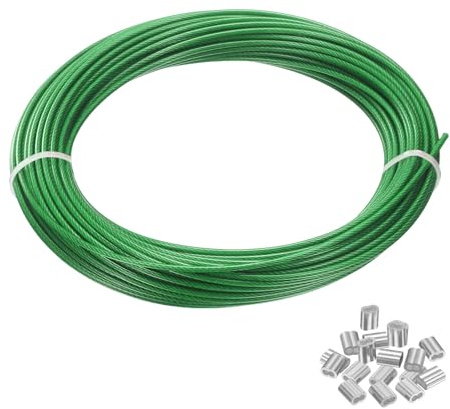 PATIKIL 1/16 Wire Rope, 66 ft 304 Stainless Steel Wire Cable Green Vinyl Coated with 10pcs Crimping Sleeves for Hanging Lights Clotheslines Trellis, Green