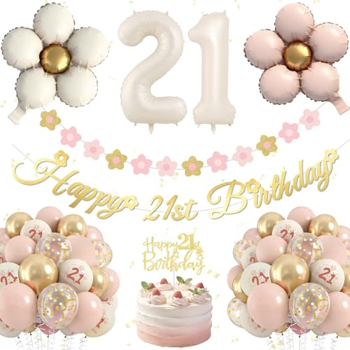 21st Birthday Decorations for Her, Rose Gold Birthday Decorations, Happy 21st Birthday Decorations with Happy Birthday Banner, Balloons, Cake Topper for Flower Party Supplies