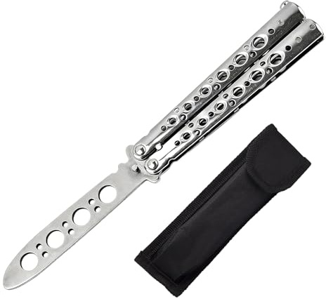 Wcawnlt Butterfly Trainer d'Entraînement, Lame non Affûtée, Balisong d'Entraînement Complet en Acier Inoxydable, 100% Sûr, Durable, Couteau d'Entraînement Butterfly Balisong Argenté pour Débutants