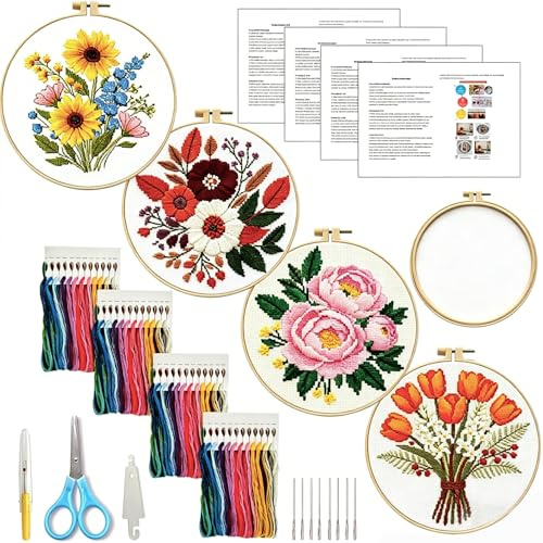 Broderikit Nybörjare, Korsstygn 4 Blommönster med brodyrram, nål och tråd, Broderikit för nybörjare med instruktioner, DIY broderikit för vuxna, Korsstygn Broderikit