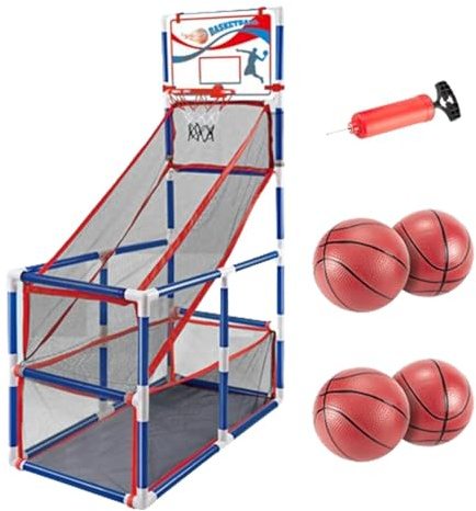 JWQFBC Arcade Basketball Spielset, Basketballkorb für Drinnen Und Draußen, Wettkampf Und Trainingsset, Inklusive Luftpumpe, 4 Bälle