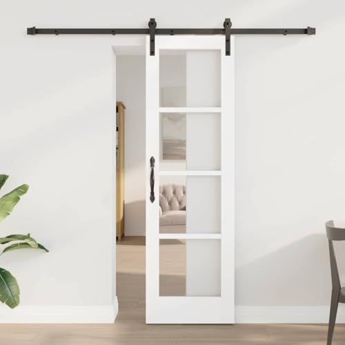 LoogCape Porta scorrevole ORKDAL bianco nero, in legno massello di pino e vetro, 61 x 198,5 cm, con binario e raccordi, per interni, divisorio salvaspazio