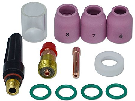 RIVERWELD 12 pz Corpi di pinze per lenti a gas tozze TIG 17GL332 10N24S Coppa in vetro Quarzo da 2,4 mm n. 10 Isolante da 16 mm 17GLG20 e cappuccio posteriore TIG 57Y03 Misura media SR WP 17 18 26